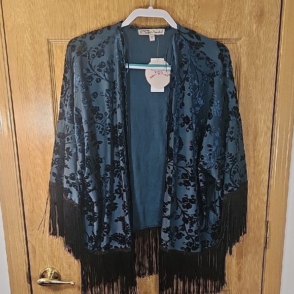 Gypsies & Moondust Jackets & Blazers - Gypsies & Moondust Blue and Black Floral Cape with Fringe